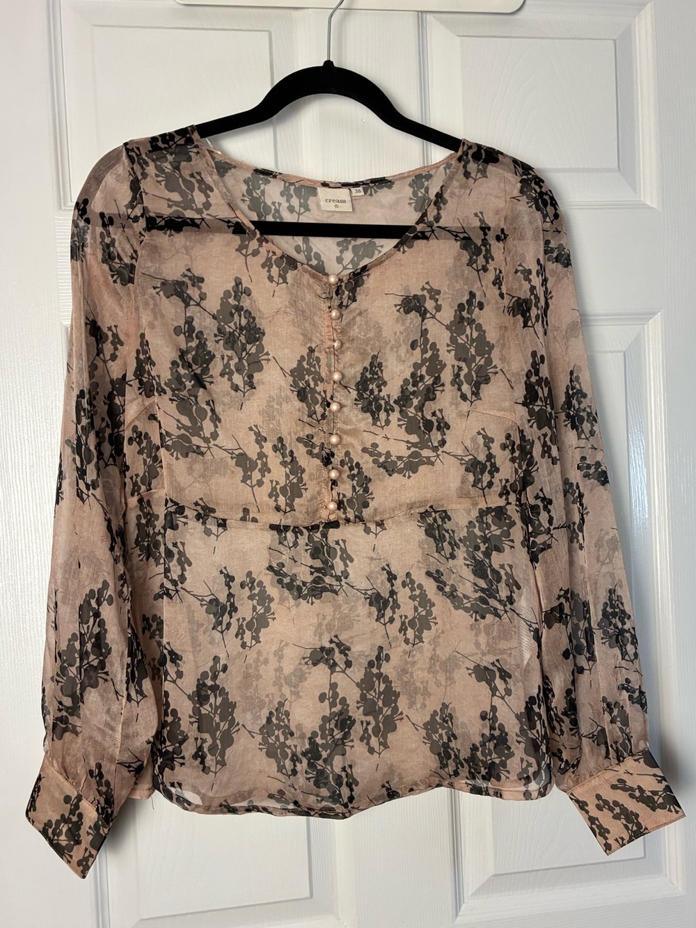 CREAM Loreen Sheer Floral Blouse Beige Black Print Size 38